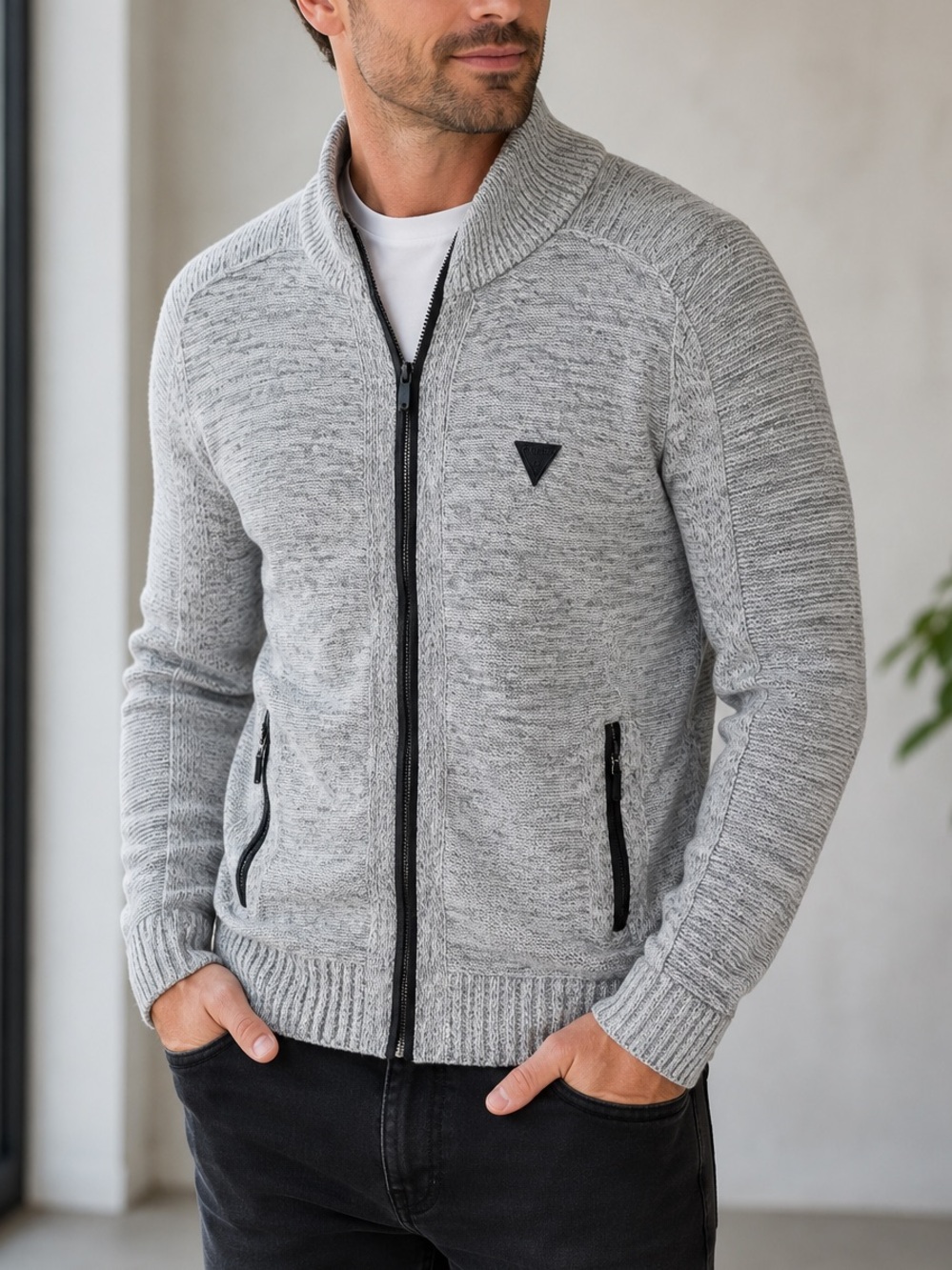 Guess Men’s Gray Full Zip Knit Sweater Jacket Size Medium Shawl Collar